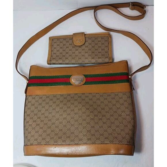 Vintage Gucci Tan Micro GG Monogram Ophidia Stripe Handbag And Wallet Set *Flaw - Picture 1 of 16